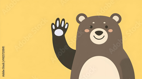 Happy bear waving hello against yellow background; ideal for children's books