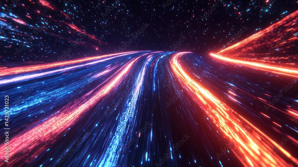 Abstract view of vibrant light trails through space across darkness Abstract view of vibrant light trails through space across darkness
