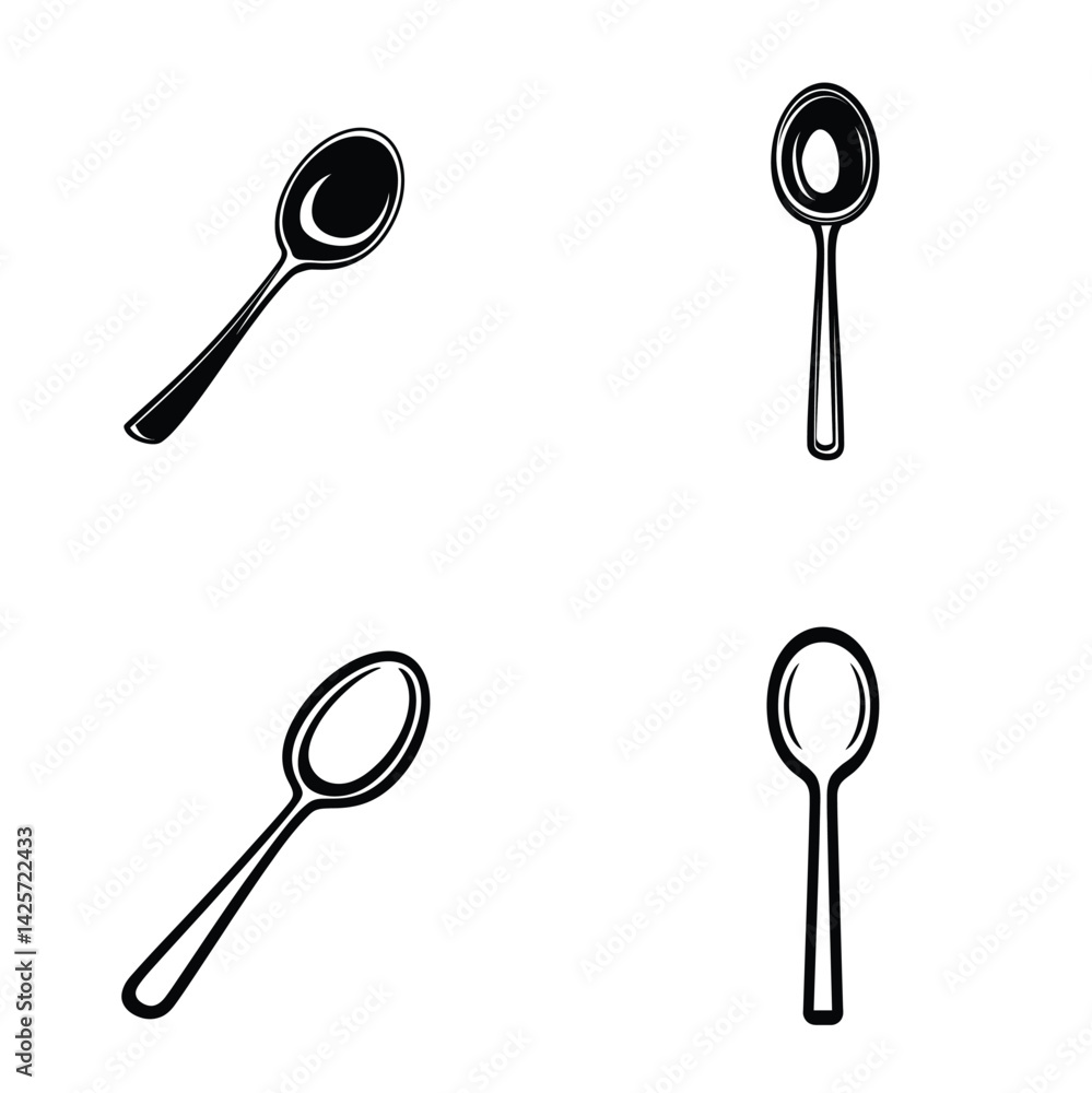 Spoons Collection Simple Black and White Cutlery Icons on Transparent Background Spoons Collection Simple Black and White Cutlery Icons on Transparent Background