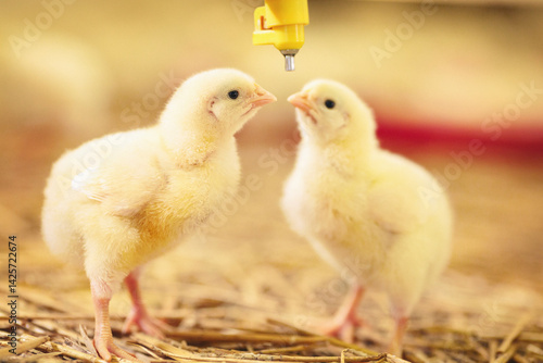 Two little chicks drinking water