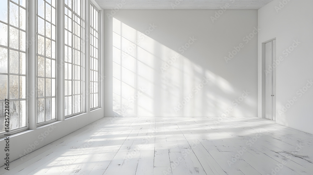 Obraz premium Bright sunlit room with large windows minimalist design indoor space calm and serene environment