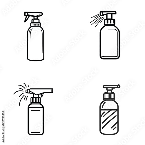 Spray Bottles Set Outline Icon Style, Cleaning Accessories, Transparent Background