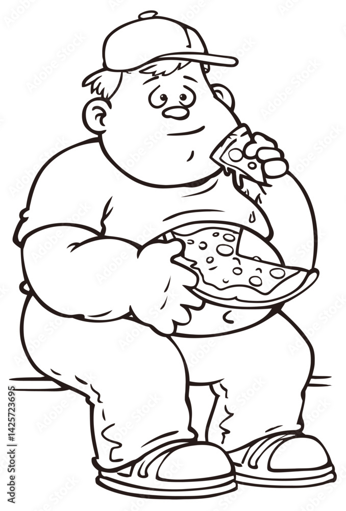 Messy Man Eating Pizza While Sitting – Cartoon Character Vector Illustration - Adobe Illustrator Artwork Messy Man Eating Pizza While Sitting – Cartoon Character Vector Illustration - Adobe Illustrator Artwork