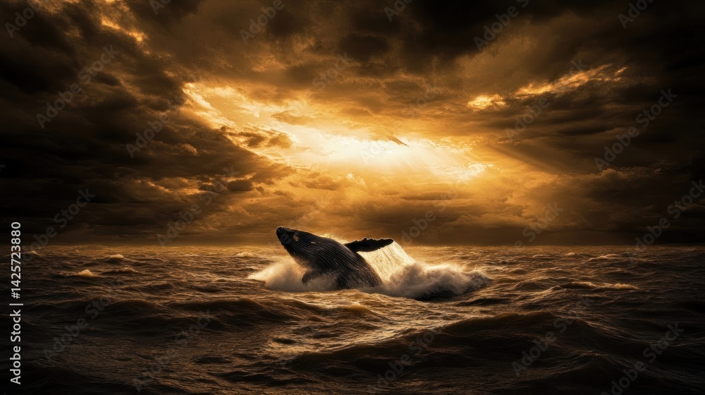 Fototapeta premium Majestic Whale Breaching in Dramatic Seascape at Sunset