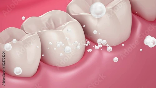 Remove bacteria and food debris from teeth. Toothpaste or mouthwash product removes dental plaque, whitens teeth and promotes healthy gums. Oral cleaning product concept. 3D rendering.