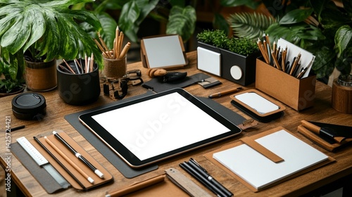 Organized workspace with tablet and stationery mockup neutral colors productive office desk