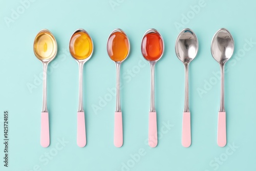 Honey Sampling Spoons Arranged on a Pastel Blue Surface Showcasing Varying Honey Colors and Textures