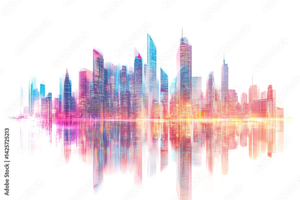 Obraz premium 3D Glitching Holographic Skyline with Distorted Digital Patterns.