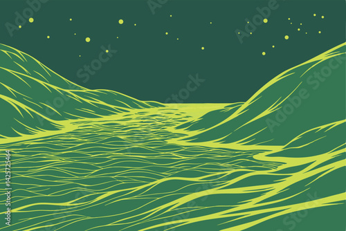 Green Stylized Landscape with Rolling Hills and Winding River Fragile Ecosystem Illustration