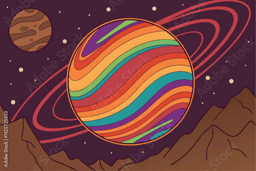 Retro Psychedelic Saturn with Rings Over Mountains and Starry Sky 70s Space Art