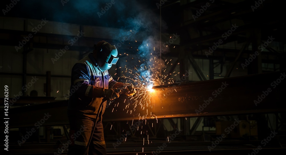 Skilled welder fusing metal with precision in industrial manufacturing setting Skilled welder fusing metal with precision in industrial manufacturing setting
