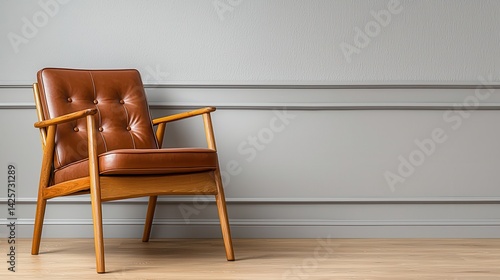 Stylish interior living room modern retro Stylish brown chair against a textured grey wall.