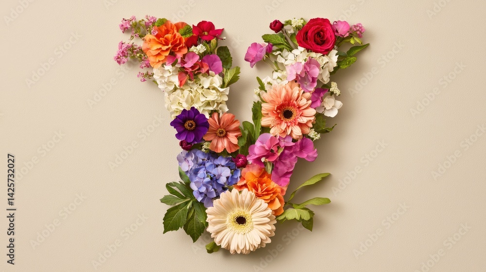 Obraz premium Colorful Floral Letter V Arrangement on Soft Neutral Background