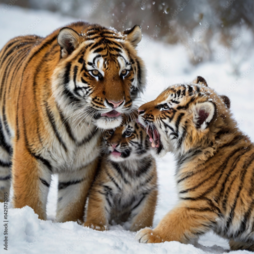 Tiger playing with cub Tiger playing with cub