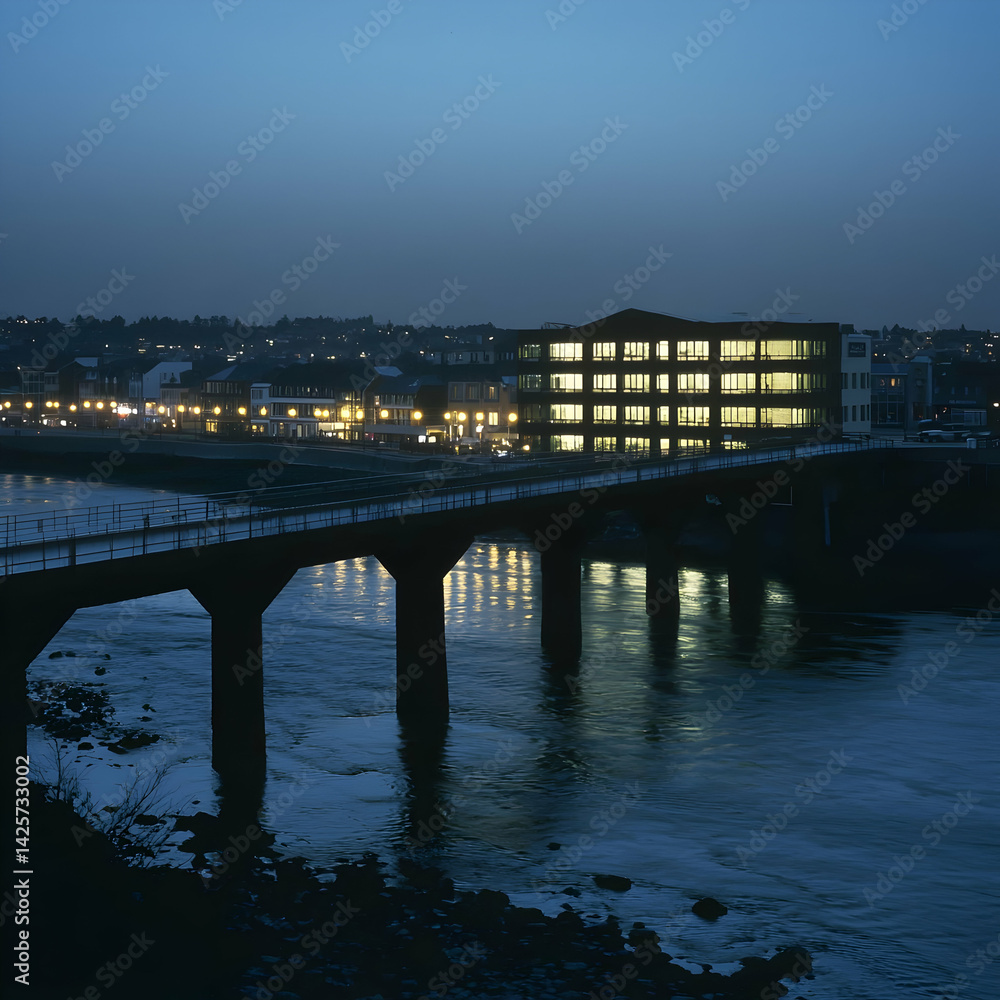 Fototapeta premium Illuminated riverside building at dusk, city lights reflecting on water, bridge in foreground, urban landscape, perfect for real estate or travel websites
