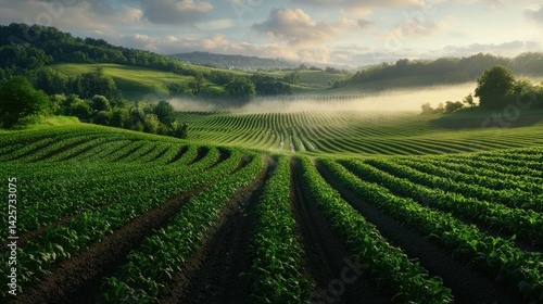 Wallpaper Mural Serene Green Fields with Morning Mist and Rolling Hills at Sunrise Torontodigital.ca