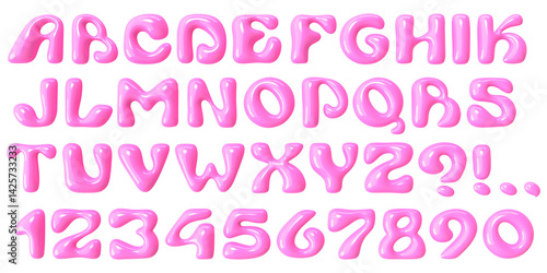 Bold bubble font. Pink plastic typescript. Y2K alphabet. Groovy letters and numbers. 3D display font. Three-dimensional round typeface isolated on transparent background