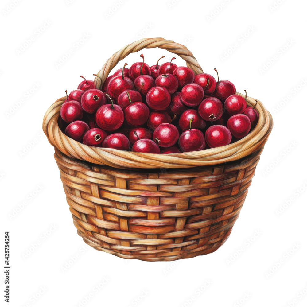 Bright red berries overflowing from a woven basket on a white background capturing the essence of harvest season Bright red berries overflowing from a woven basket on a white background capturing the essence of harvest season