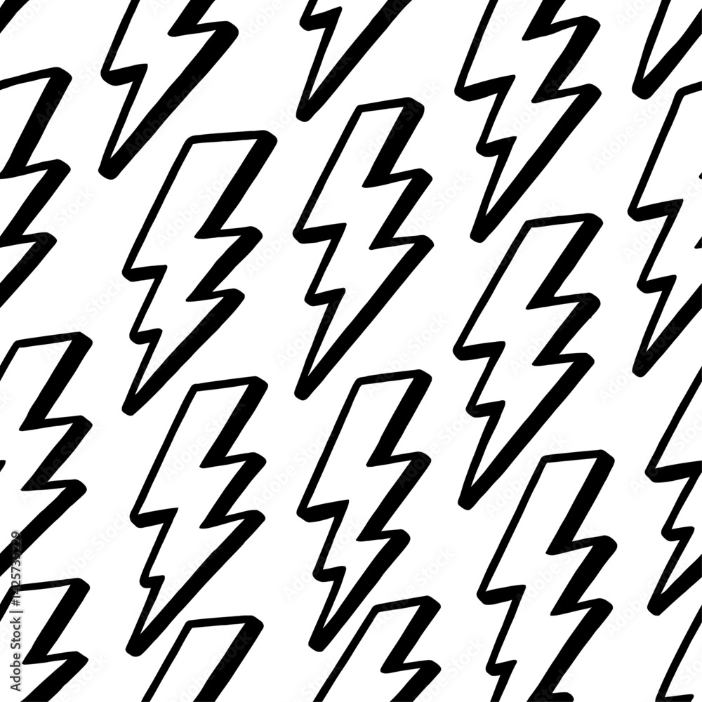 Vector seamless pattern of simple black and white lightning bolt illustrations. Represents energy, electricity, and a dynamic graphic background. Vector seamless pattern of simple black and white lightning bolt illustrations. Represents energy, electricity, and a dynamic graphic background.