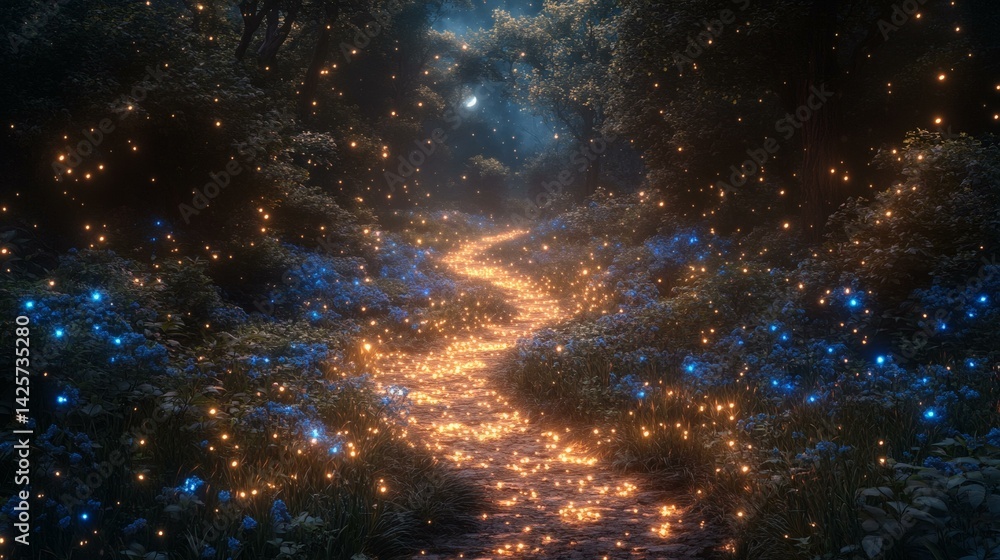 Naklejka premium Enchanted Forest Path at Night with Glowing Lights and Moonlight