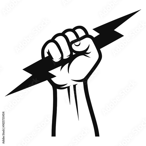 Vector illustration of a clenched human fist holding a jagged lightning bolt in black and white. Represents power, energy, strength, and a bold graphic style.