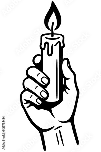 Vector illustration of a hand holding a lit candle with dripping wax in black and white. Represents light, hope, guidance, and a simple graphic style.