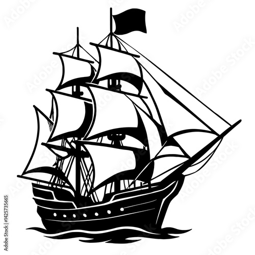Vector illustration of a carrack, a type of large sailing ship from the 15th and 16th centuries, in black and white with detailed rigging and sails. Represents historical seafaring, exploration