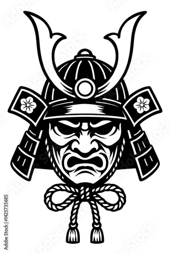 Vector illustration of a traditional Samurai mask (Men-yoroi) and helmet (Kabuto) in black and white with intricate details. Represents Japanese warriors, history, and a bold graphic style.