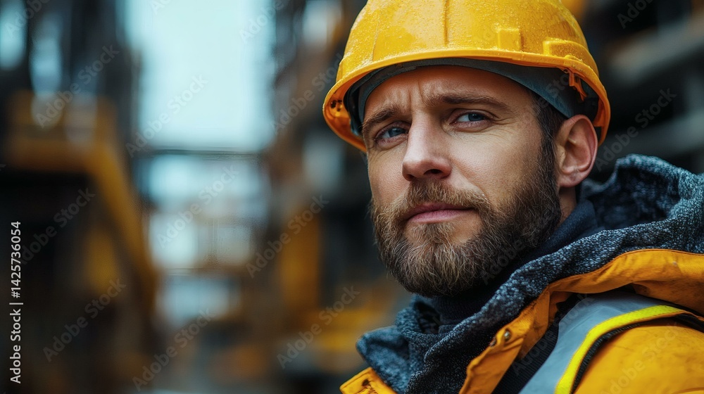 Thoughtful Construction Worker Inspecting Site, Wearing Hard Hat and Safety Vest, Focused on Construction Project Analysis Thoughtful Construction Worker Inspecting Site, Wearing Hard Hat and Safety Vest, Focused on Construction Project Analysis