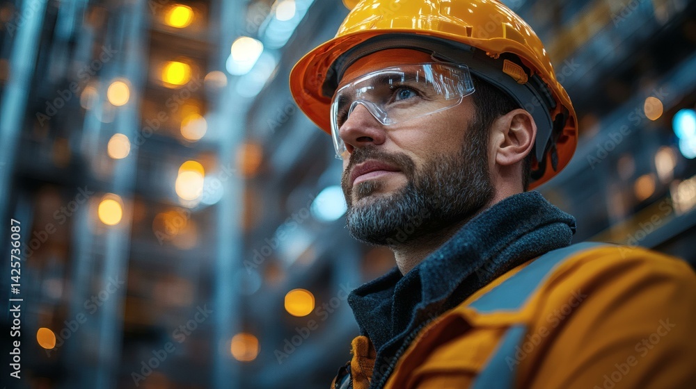 Thoughtful Engineer Inspecting Structure with Safety Gear and Protective Clothing in Manufacturing Setting Thoughtful Engineer Inspecting Structure with Safety Gear and Protective Clothing in Manufacturing Setting
