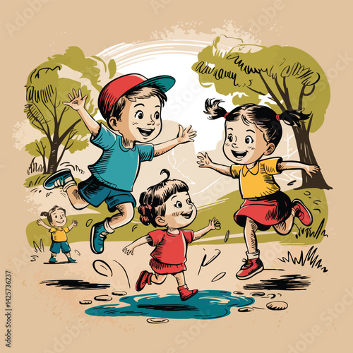 Energetic illustration showing children happily jumping and splashing in a puddle outdoors. Captures the joy and activity of childhood playtime in a dynamic, hand-drawn style.