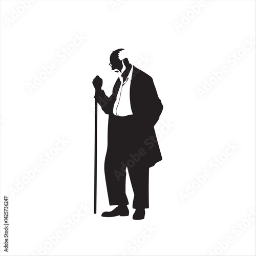 Simple black and white silhouette of an old man in a timeless pose on a plain white background. Modern flat design aesthetic, utilizing only two-dimensional shapes. .eps
