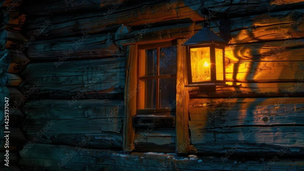 A warm lantern illuminates the wooden window of a rustic cabin, creating a cozy atmosphere amidst the tranquil winter night A warm lantern illuminates the wooden window of a rustic cabin, creating a cozy atmosphere amidst the tranquil winter night