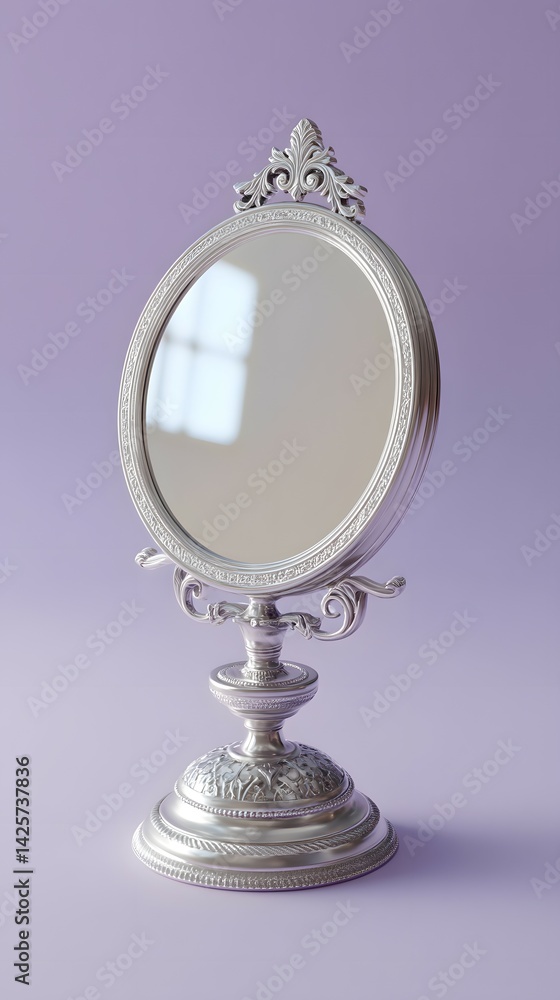 Ornate Silver Mirror, Tabletop Vanity Mirror, Detailed Silver Accents, Lavender Background Ornate Silver Mirror, Tabletop Vanity Mirror, Detailed Silver Accents, Lavender Background