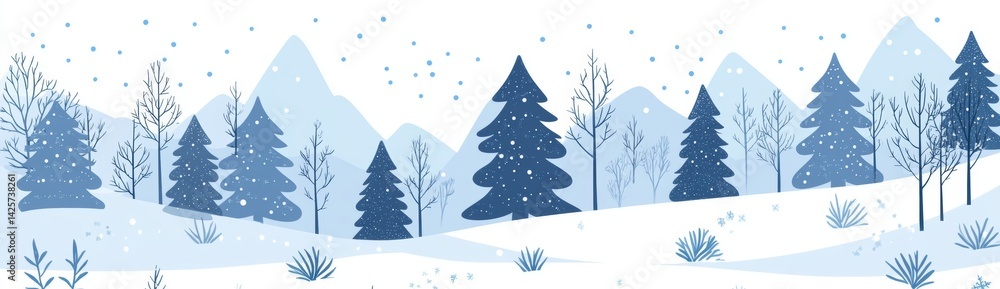 A trendy flat simple style illustration featuring a Merry Christmas and Happy New Year greeting card and banner set amidst a winter landscape with trees A trendy flat simple style illustration featuring a Merry Christmas and Happy New Year greeting card and banner set amidst a winter landscape with trees