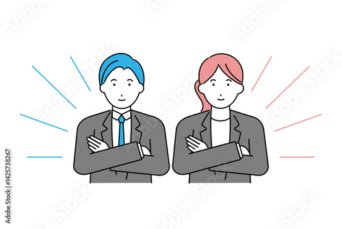 腕組みをするスーツを着た若い男性と女性のイラスト