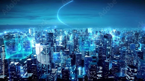 Digital communications 5G lights up the city,Digital city concept.Artificial Intelligence technology in smart city,holographic image. CG background.3d animation.