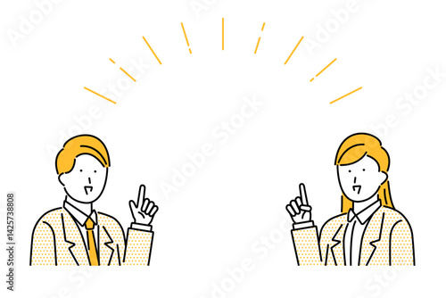 余白を指差しする若いスーツを着た男性と女性のイラスト
