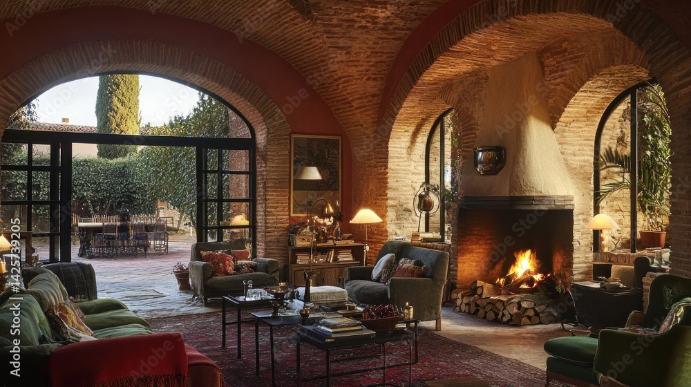 Naklejka premium Cozy living room with fireplace, arched windows, and garden view.