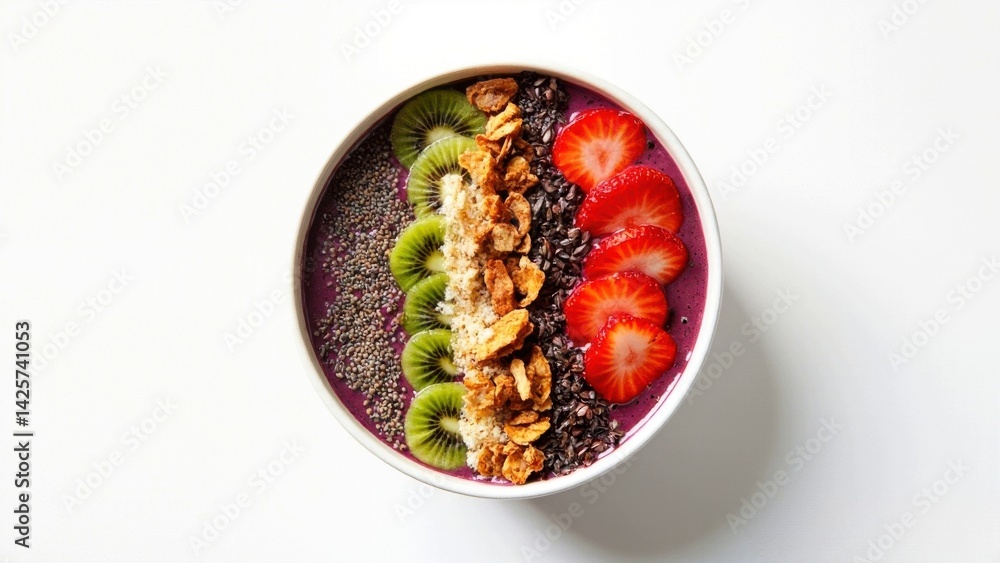 Smoothie bowl. Fruit salad of bananas, kiwi, strawberries, blueberries, chia seeds, muesli, nuts, pomegranate, raspberries, blackberries Smoothie bowl. Fruit salad of bananas, kiwi, strawberries, blueberries, chia seeds, muesli, nuts, pomegranate, raspberries, blackberries