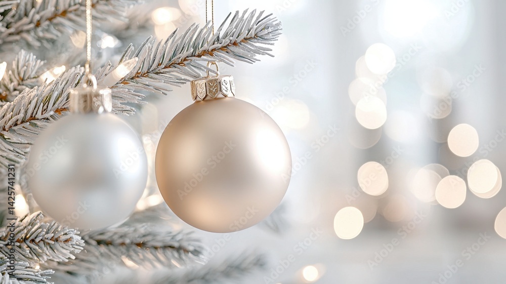 Delicate christmas balls ornaments dangling from snow covered evergreen branch, sparkling lights blending softly into festive, dreamy holiday background Delicate christmas balls ornaments dangling from snow covered evergreen branch, sparkling lights blending softly into festive, dreamy holiday background