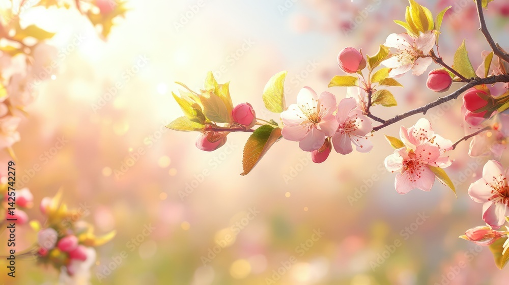 Blossoming tree branch in early spring, realistic fruit blooms against blurred background Blossoming tree branch in early spring, realistic fruit blooms against blurred background