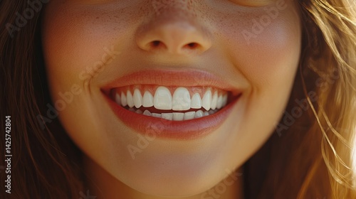Close-up of smiling woman's mouth with perfect white teeth and natural lighting.