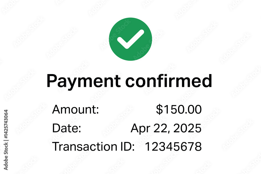 Payment success screen with transaction data and checkmark icon