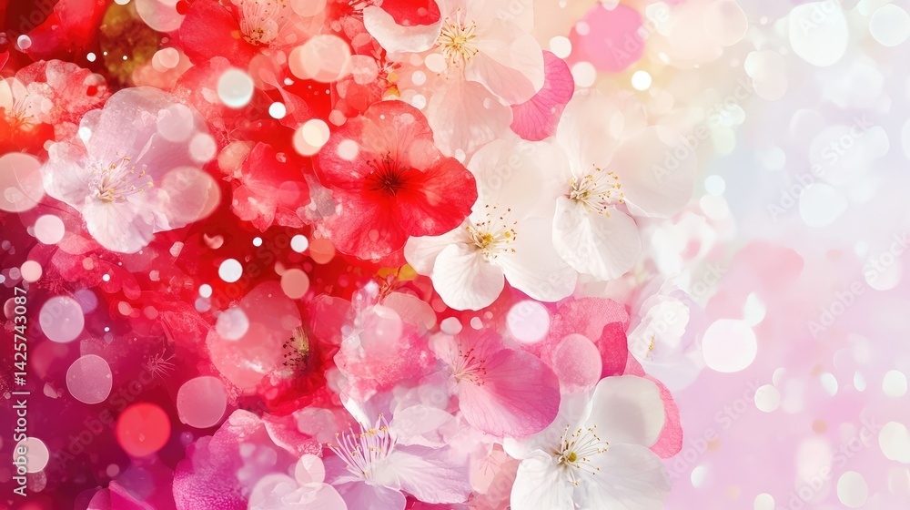 Fototapeta premium Digital abstract background filled with delicate and vibrant red, pink, and white blossoms