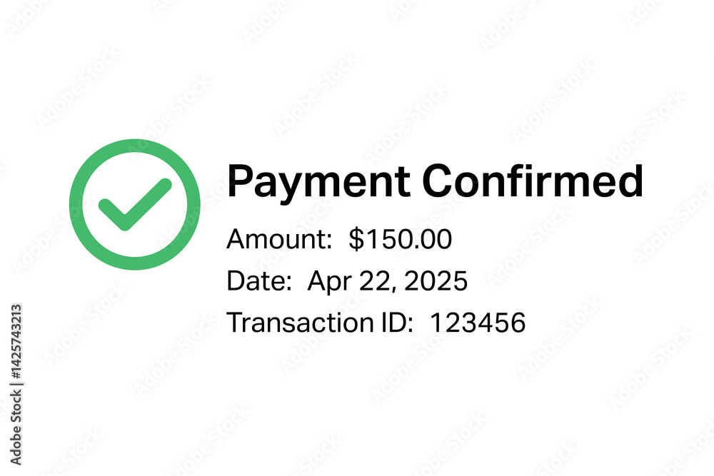 Payment success screen with transaction data and checkmark icon