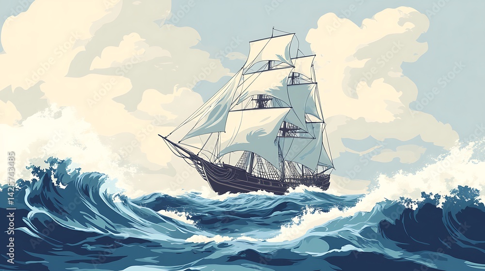 Obraz premium Sailing Ship Ocean Waves Storm.