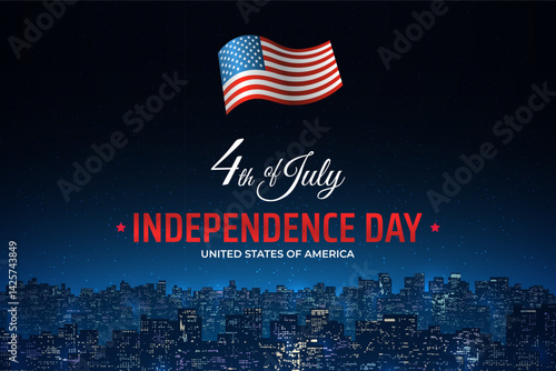 Banner 4th of july usa independence day. US flag over cityscape. Fourth of july, independence day american national holiday. Poster, wallpaper with night city, dark starry sky. Vector illustration
