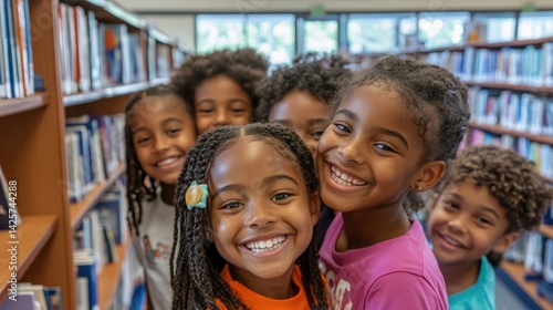 Happy Diverse Kids in Library  Reading  Education  Bookshelves