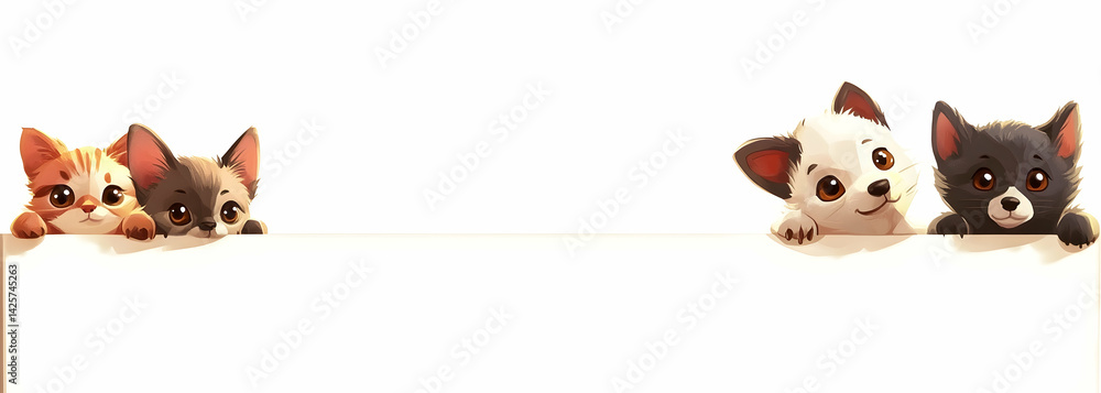 Obraz premium Cartoon Cats and Dogs Holding White Banner